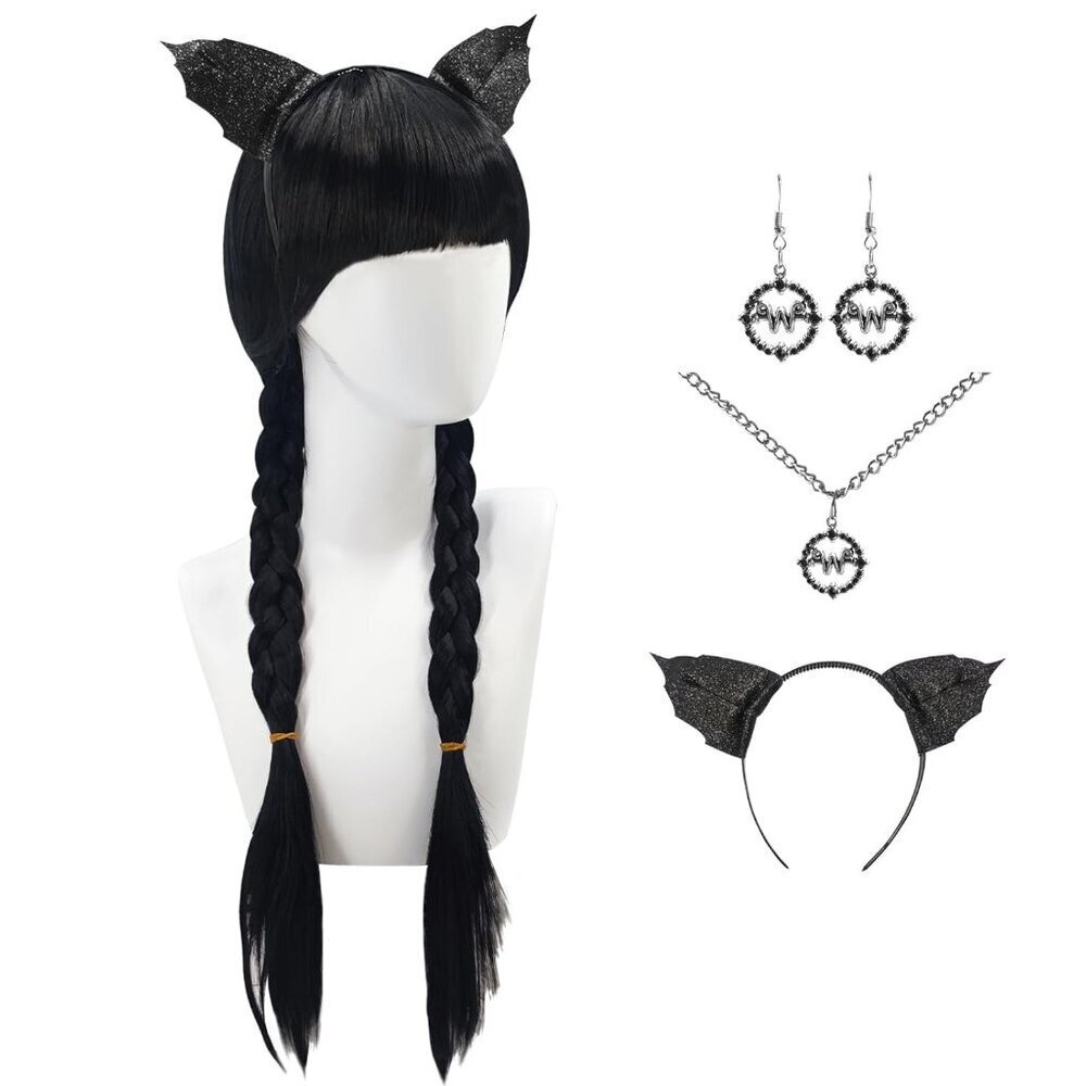 Women Long Straight Black Wig with Accessories Halloween Cosplay Party